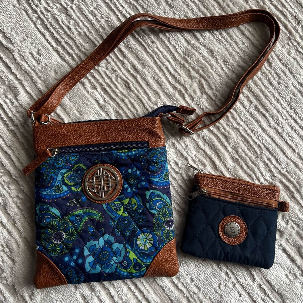 Stone Mountain Brown and Blue Patterned Crossbody Bag Set with Coin Purse